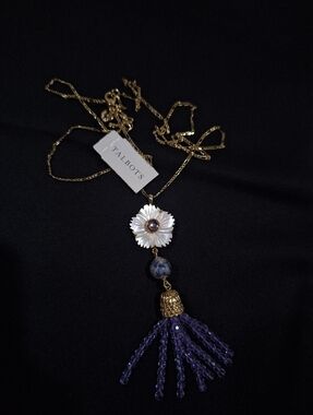 Talbots Floral Tassel Pendant Necklace Gold Tone Purple Beaded Tassel Statement
